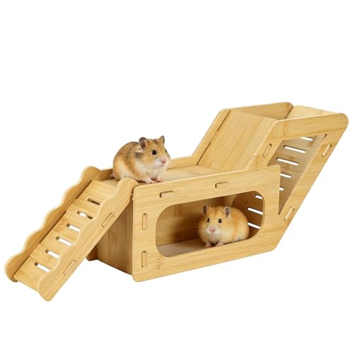 Hamster Hideout,Hamster Platform, Bamboo Hamster Hideout with Double Ramps and Climbing Ladders, Wooden Hamster House, Small Animal Cage Accessories for Dwarf Hamsters, Syrian Hamsters, Gerbils, Mice