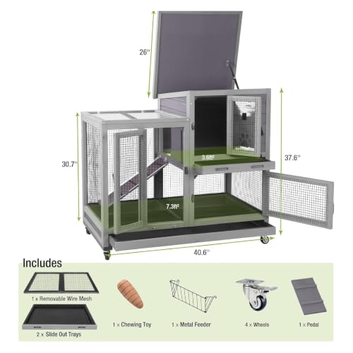 GUTINNEEN Rabbit Hutch Indoor Rabbit Cage with Wire Mesh Floor and Wheels Outdoor Bunny House 2 Story Guinea Pig Cage with Leakproof Asphalt Roof (Higher Version)