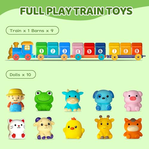 Toddler Learning Toys for 2 3 Year Old, Counting Matching & Sorting Montessori Train Set with 9 Farm Animals Finger Puppets, Birthday Gift for Baby Boys Girls