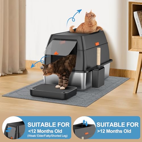 Stainless Steel Litter Box with Lid,Front Entry Top Exit Kitty LitterBox,Extra Large Enclosed Metal Cat Box with Litter Scoop & Litter Mat-Black - color: Black