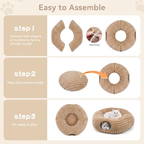 Dogpals Cat Tunnel Bed Cave 33" Lx10 Wx10 H for Indoor Cats(Khaki) | Washable Cozy Cushion, Soft Striped Plush Fabric, Hideaway Peekaboo Cave for Kittens, Puppies, Rabbits & Small Pets - color: Khaki