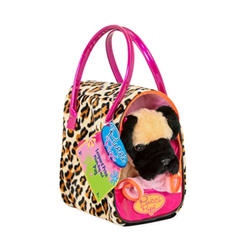 Pucci Pups Plush Pet Carrier Set, Pug with Leopard Print Carrier | 3-piece set with 1 dog with bow, 1 carrier, and 1 comb for cuddling, grooming, and take-along pretend play, Plush, 2+ Years - style: Pug - Heart Print Bag