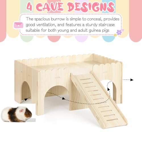 1 Set Guinea Pig Hideout, Upgraded Wooden Guinea Pigs Castle with Stairs 14.96*9.84 Inches Detachable Guineas Pig House with Stair Large Guineas Piggy Castle for Hamsters and Chinchilla Small Animals