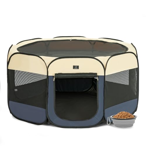 A 4 Pet 40.55-in Dog Playpen for Small Dogs & Puppies, Foldable | Includes bowl, waterproof floor, pop-up design, home/travel/outdoor use - color: Blue+Beige, size: M(40.55"x40.55"x20.5")