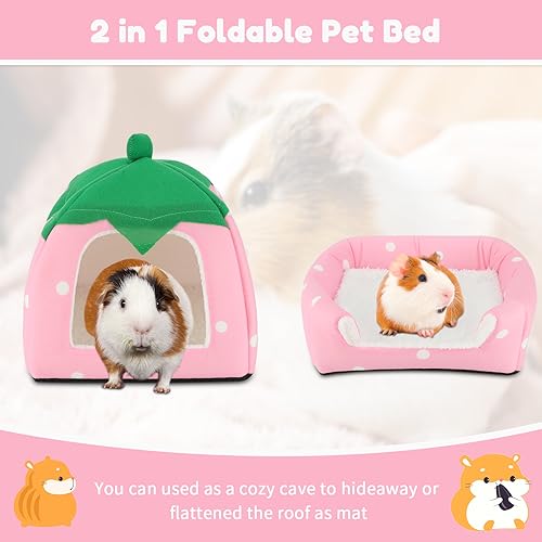 BWOGUE Guinea Pig Bed Hideout, Washable Hamster Cave for Small Animals | Removable Cushion for Cleaning, Warm Fleece Nest, Washable Bed, 10 x 9.8 x 9 in, Dwarf Rabbits Hedgehogs - color: Strawberry Pink