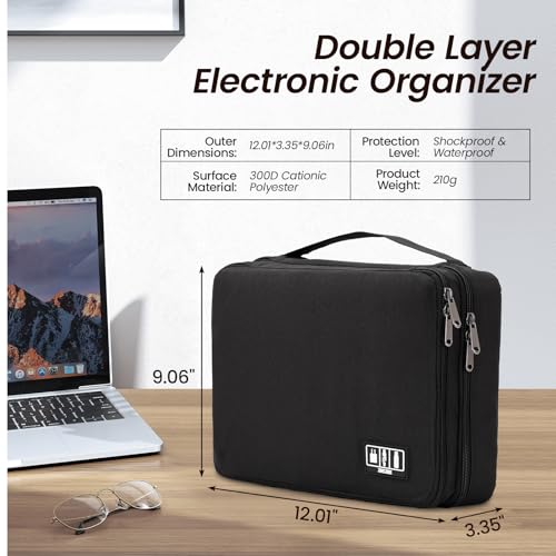 Electronic Organizer Travel Case, Double Layer Cable Organizer Bag | Double-layer design with adjustable dividers, mesh pockets and elastic loops for chargers, cables, power banks and gadgets - color: black