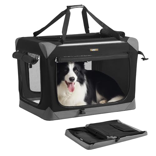 Feandrea Collapsible Dog Crate, Portable Oxford Fabric Pet Travel Crate with 4 Mesh Doors, Handles, Pocket, 30 Inches, for Medium Dogs, Ink Black and Dove Gray UPDC027BH01 - size: L (30"L x 21"W x 21"H)
