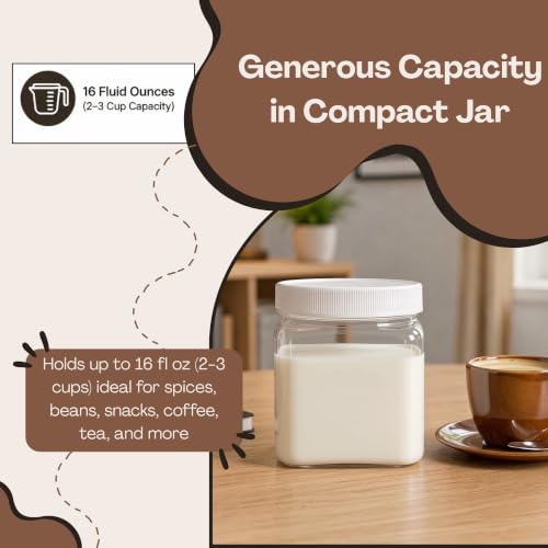 Pride Of India | Clear Food Grade PET Plastic Square Grip Storage Jar w/Cap 16 Fluid Ounces | 2-3 Cup Storage Capacity | Airtight Seal & Easy Handling | Store Sugar, Spices, Nuts, Seeds & Pet Treats - size: Small Square Jar & Cap
