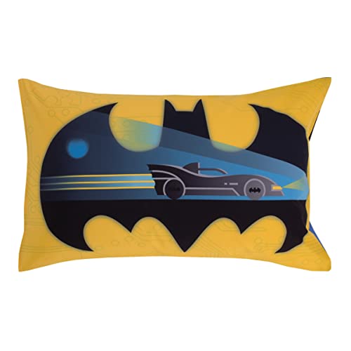 Warner Brothers Batman The Caped Crusader Blue, Gray, and Yellow Bat-Signal and Batmobile 2 Piece Toddler Sheet Set - Fitted Bottom Sheet and Reversible Pillowcase - color: Batman the Caped Crusader