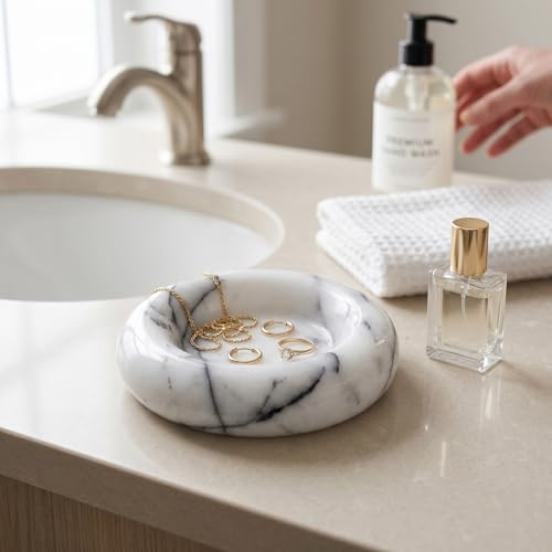 Small Marble Tray, Natural Stone Jewelry Dish & Trinket Dish, 4.3 Inch Round Marble Ring Dish for Keys, Bathroom Vanity, Nightstand, Entryway, Gray White - color: Gray White
