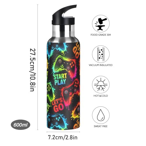 Colorful Joystick Gamepad Kids Water Bottles, Insulated Sports Vacuum Stainless Steel Thermos Mug with Straw Lid & Handle 20 oz - color: AB01