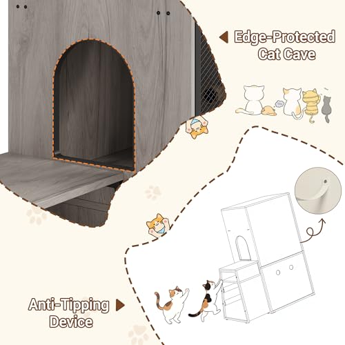 TrailBlaze Litter Box Enclosure with Platform, Double Layer Hidden Furniture, Modern Villa Cat Cabinet with Ladder, Hammock & Metal Mesh Door, Indoor Washroom Cat House-Gray - color: Gray