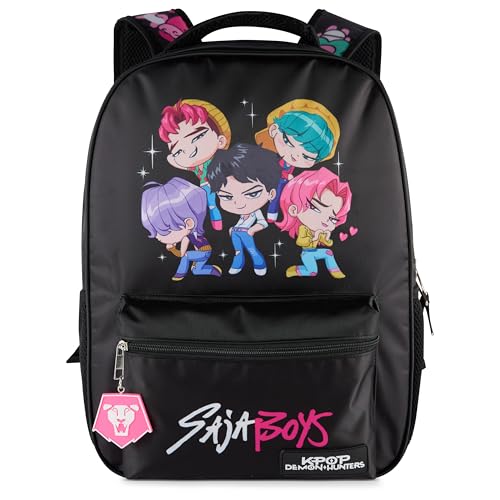 AI ACCESSORY INNOVATIONS K-Pop Demon Hunters Chibi Saja Boys 16” Backpack for Girls, Featuring Jinu, Abby, Mystery, Romance, & Baby, Saja Rubber Molded Bag Charm, Saja Boys - style: Saja Boys