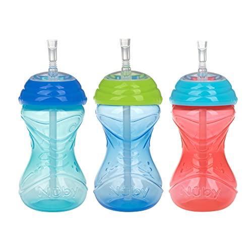 Nuby 3 Piece No-Spill Easy Grip Cup with Flex Straw, Clik It Lock Feature, Boy, 10 Ounce - color: Red, Blue & Green