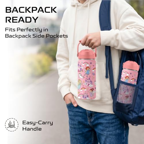 Castle 16 oz Water Bottle with Straw – Kid Stainless Steel Vacuum Insulated Cup, Leakproof Straw Lid, Reusable Travel Mug for Girls Outdoor Sports - color: Castle1