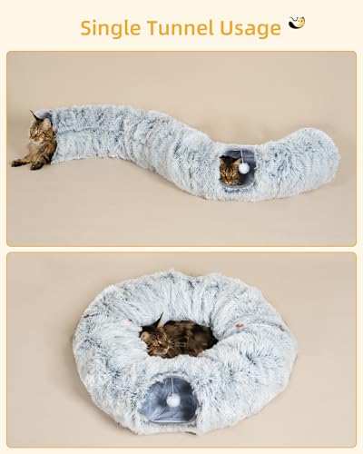 Aechonow 3-in-1 Cat Tunnel Bed, 34'' Cat Scratching Post for Indoor Cats | Fluffy Peekaboo Donut Hideout Toy for Pets, Rabbit, Ferret