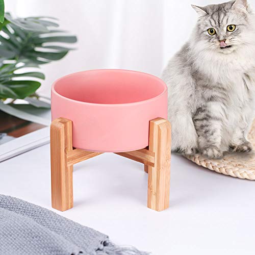 Pink Ceramic Elevated Raised Cat Bowl with Wood Stand No Spill Pet Food Water Feeder Cats Small Dogs - color: Pink, size: Medium Dog Bowls 850ML*1