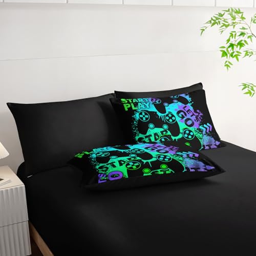 7Pcs Gamer Comforter Set Green Gamepad Printed Bedding Set with 1 Comforter, 1 Flat Sheet, 1 Fitted Sheet and 4 Pillowcases for Boys and Girls Bedroom (Gamepad-2 Twin - color: Gamepad-2, size: Twin 68x86inches