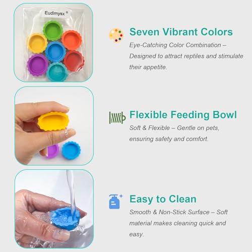 7 Pack Crested Gecko Food and Water Bowl, Eudimysx Reusable Small Reptile Feeding Dish, Gecko Tank Accessories for Hermit Crab, Tarantula, Isopods, Snails and Lizard, Silicone Easy Clean & 7 Colors - color: 7Pack
