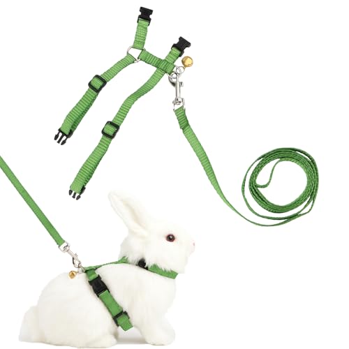 Hypeety Rabbit Harness with Leash Adjustable Nylon Vest for Small Animals | Adjustable 7.9-11.9'' chest, 7.1-10.3'' neck, escape-proof snap buckles, with bell lead for bunnies/guinea pigs/ferret, green - color: Green