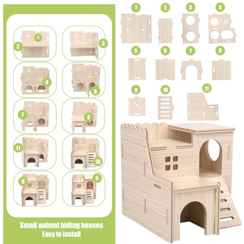 Penitue Wooden Hamster Hideout House with Ladder, Double-Decker Hamster Maze Wood Hut Detachable Small Animal Cage Habitat for Dwarf Hamsters Gerbils Mice Rats (Not for Large Pets)