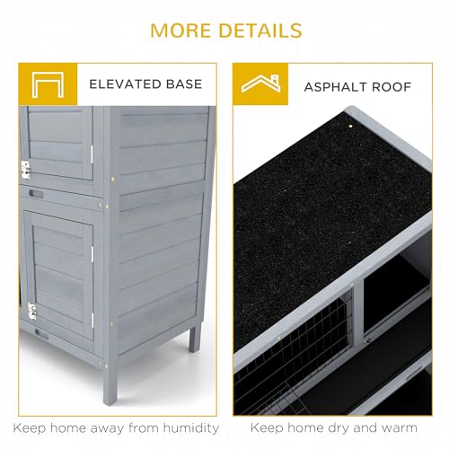 PawHut 54" 2-Story Large Rabbit Hutch Bunny Cage Wooden Pet House Small Animal Habitat with Lockable Doors, No Leak Tray and Waterproof Roof for Outdoor/Indoor Grey | Wooden Pet House, Small Animal Habitat, No Leak Tray, Waterproof Roof, for Chickens Duck