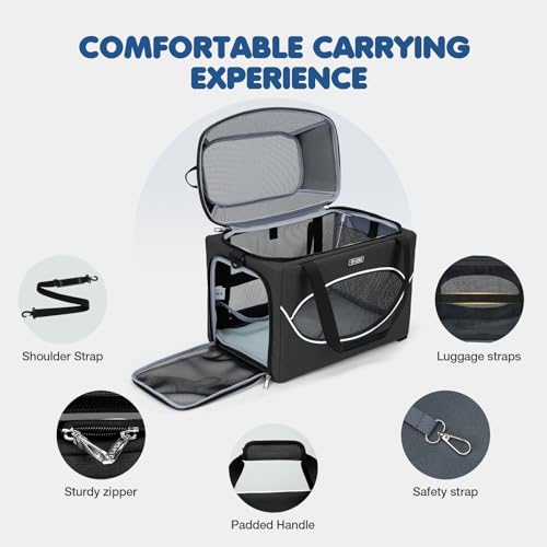 Lekereise Top-Expandable Pet Carrier 17x11x9.5 Inch Alaska Hawaiian Airline Approved Underseat to 12lbs Stable Car Travel Carriers for Small Dogs Cats with Locking Safety Zippers Anti-Scratch Mesh - color: Black, size: 17.0"L x 11.0"W x 9.5"H