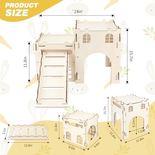 BWOGUE Wooden Bunny Castle Hideout, Extra Large Bunny House with Stairs | Bunny Houses and Hideouts, Split Balcony, Detachable Stairs, Ventilated Design, Indoor Rabbits Guinea Pigs and Chinchillas - style: 2 House and 1 Ladder