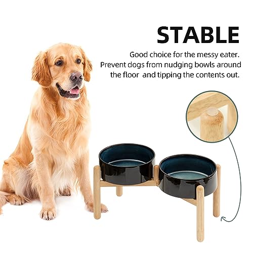 Havniva Elevated Dog Bowls Ceramic Dog Bowls with Stand, Dog Food Bowl | 8.3” Raised Dog Bowls with Non-Slip Wood Stand, Dog Food and Water Bowl Set, Double Dog Feeding Bowls for Large Dogs - color: 2 Bowls+Stand - Starry Sky, size: 8.3inch