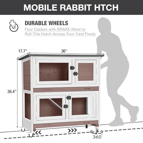 Rabbit Hutch Bunny Cage Wooden 2-Story Indoor Outdoor Small Animal House with Wheels, Two Removable Trays, Guinea Pig Cage (Brown) - color: Brown