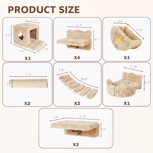 13-in-1 Cat Wall Shelves, Moon & Bridge Cat Wall Furniture, Beige | Wall Mounted Cats Shelf Set with Plush Fabric, Cat Climbing Systems for 16 Inch Drywall, Condo, Scratching Post, Space-Saving - color: Beige, size: 13-in-1