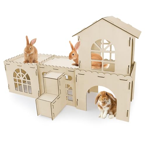 YUEPET 4-Piece Rabbit Castle with Stairs, Wooden Bunny Castle, Rabbit House | 4-Piece Castle Set with Stairs, Detachable Panels, 47.2 x 11.8 x 24.6 in, Ventilation Cutouts, Tool-Free Assembly - size: Rabbit Castle*4+Ramp*1