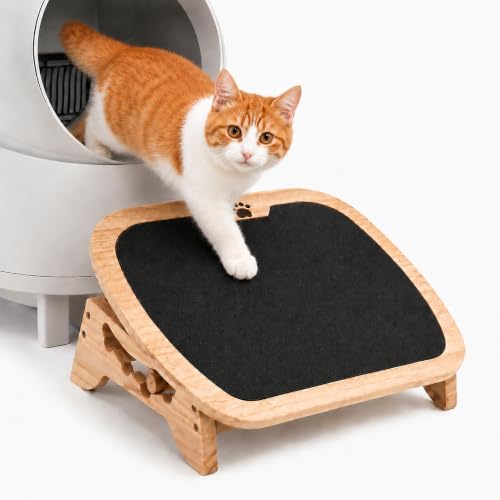 Wooden Litter Box Ramp, 4-Position Adjustable Cat Step for Automatic | and High-Entry Litter Boxes, Stable Elevated Pet Step for Senior Cats, Kittens and Small Cats