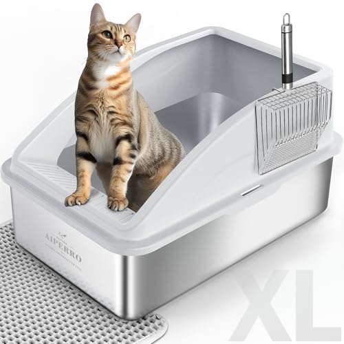 AIPERRO Stainless Steel Litter Box | XL Enclosed Cat Litter Boxes with Lid for Big Cats | High Sided, Anti-Urine Leakage | Non-Stick Bottom & Includes Litter Mat & Metal Scoop - color: Silver Grey, size: X-Large