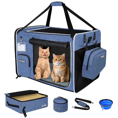 Extra Large Cat Carrier with Litter Box for Car Travel, Blue | 24"L x 17"W x 17"H, Lockable Safety Zippers and Seatbelt Loops, for 1 Medium-Large Cat or 2 Small Cats Under 55 lbs - color: Blue