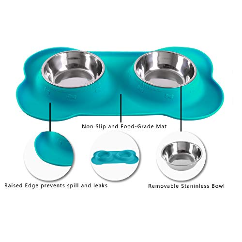 Hubulk Pet Dog Bowls 2 Stainless Steel Dog Bowl with No Spill Non-Skid Silicone Mat + Pet Food Scoop Water and Food Feeder Bowls for Feeding Small Medium Large Dogs Cats Puppies (Medium, Green) - color: Green, size: Medium