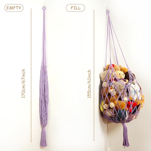 Stuffed Animal Storage Hammock Corner Hanging Net Stuffy Animal Hammock Macrame Toy Display Plush Toy Holder for Kid Bedroom Decor Boho Nursery Playroom Organizer (Purple) - color: Purple