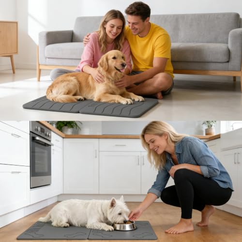 Double-Side 2 in 1 Stone Pet Food Mat & Cooling Mat (24"*16") | Instant dry water absorbing Diatomite Stone Dog Bowls Drying Mat & Heat dissipating Pet Cooling Mat. Bite-Proof & Non-slip. - color: DARK GREY, size: 24"*16"
