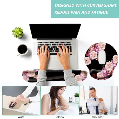 Keyboard Wrist Rest Pad Mouse Pad with Wrist Support Set of 3, Mousepad with Non-Slip Rubber Base, Ergonomic Memory Foam Mouse Wrist Cushion Support for Home Office Laptop Computer Gaming, Flowers - color: Flowers Pink