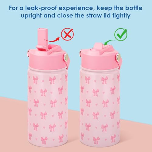 SANDJEST Kid Water Bottle 12oz with Straw Lid - 2-Pack Insulated Stainless Steel Water Bottles for Kids Girls - Travel Cup for School Sports, Bow & Heart - color: Heart + Bow (2 Pack)