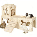 Large Rabbit House with 2PCS Rabbit Scratch Mat, Wooden Bunny Castle with 4 Houses Indoor, Guinea Pig Cage Multistory Climbing Tower Sturdy Wooden Castle, Small Animal Hideaway Tunnel - size: 4 Houses with Pad