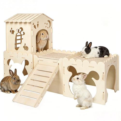 Large Rabbit House with 2PCS Rabbit Scratch Mat, Wooden Bunny Castle with 4 Houses Indoor, Guinea Pig Cage Multistory Climbing Tower Sturdy Wooden Castle, Small Animal Hideaway Tunnel - size: 4 Houses with Pad