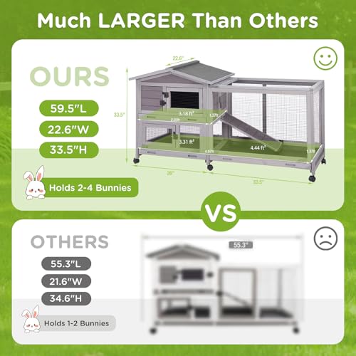 Gutinneen Large Indoor Rabbit Hutch Bunny Cage with Chew-Proof Ramp, Locking Leak-Proof Trays - Outdoor 62" Wooden Rabbit Cage with 6 Wheels for Rabbits, Guinea Pigs, Small Animals (Grey) - size: 62.0"L x 22.6"W x 33.5"H