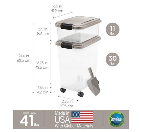 IRIS USA Airtight Dog Food Storage Container Combo, 30 lb & 11 lb Bin | Stackable food storage system includes scoop and wheels to keep kibble, treats, and pet food fresh and organized. - color: Chrome