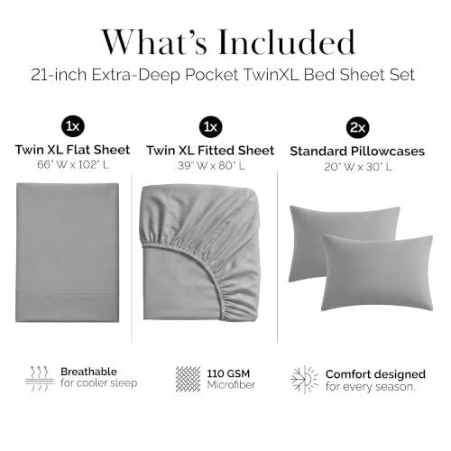 Southshore Fine Living, Inc. Twin XL Sheet Set 4 Piece, 21 Inch Deep Pocket Bed Sheets, Ultra Soft Breathable Sheets with 2 Pillowcases, Wrinkle Free Easy Care Pet Hair Resistant Bedding, Steel Grey - color: 06 - Steel Grey, size: Twin XL