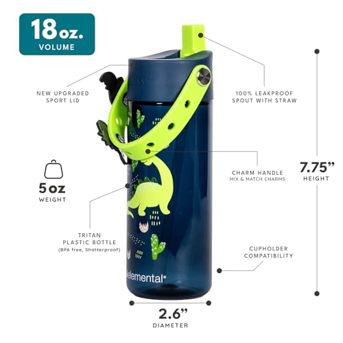Elemental Water Bottles for Kids - Splash Kids Water Bottle for School with Fun Charm Handle - BPA Free Tritan Plastic Bottle with Straw Leak Proof When Spout is Closed - 18oz - Dinosaur Friends - color: Dinosaur Friends