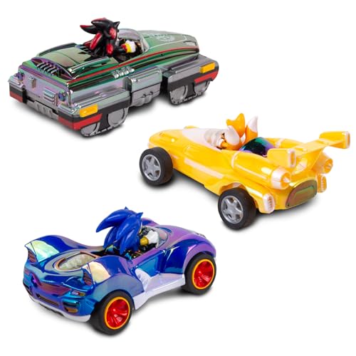 NKOK Special Edition! Sonic, Shadow and Tails Pullback (3-Pack) - Sonic & All-Stars Racing Transformed (electroplated) | Sonic & All-Stars Racing Transformed Collectible Vehicles for Kids Ages 4-6, No-Battery Pullback Action & Iridescent Finish