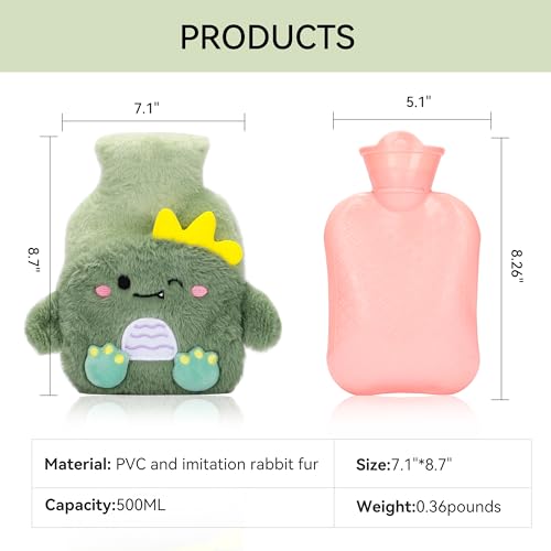 Green Rubber Hot Water Bottle with Soft Removable Knit Outer Lid, Classic Rubber Hot and Cold Water Bottle with Cute Image Hand Feet Warmer and Shoulder Pain Relief - style: RSD-Hot-konglong-Green