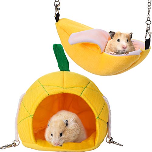 Jetec 2 Pcs Hamster Hammock Hanging Bed for Small Pets | Bed for Hamster Guinea Pig Rat Chinchilla, Banana Pineapple Hanging Nest, Sleep Play Hideout in Small Pet Cage - color: Yellow