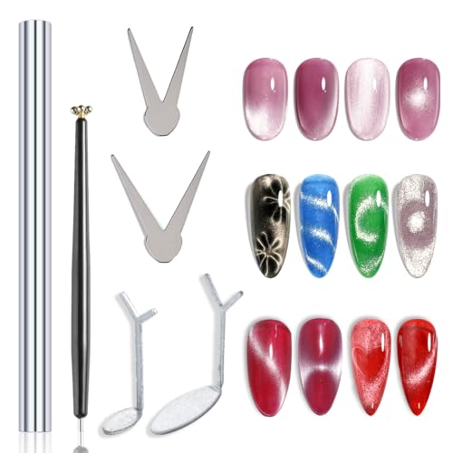 Cat Eye Magnet for Nails 6 PCS, Super Long Double-head Nail Polish Magnet Pen, Flower Design Nail Magnetic Pen, Stick for 3D French Cat Eye Gel Polish with Y/V Shape Clippers Heart Magnetic DIY Tools - color: 6pcs